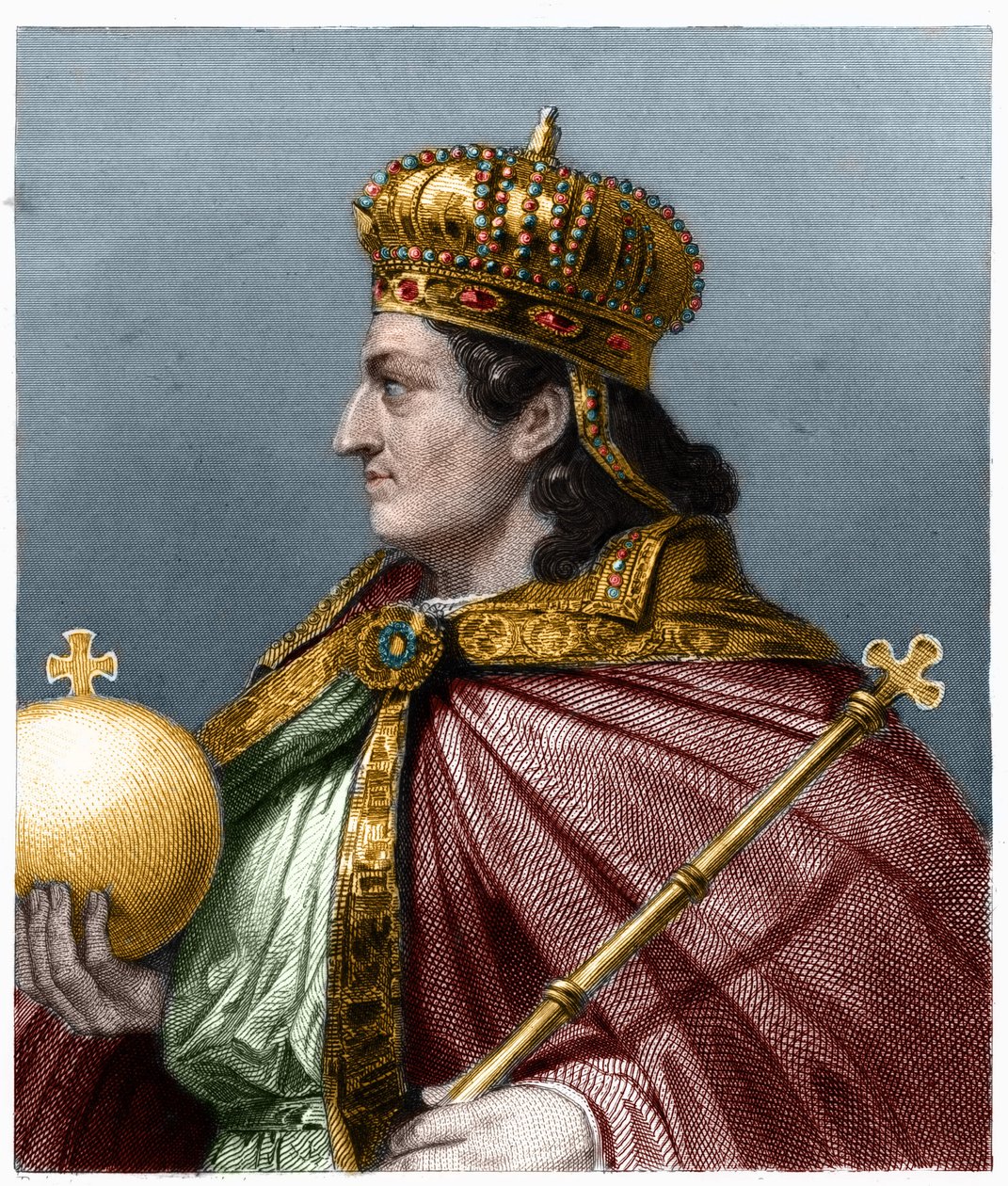 Retrato de Childebert II (v. 570 - 596), Rei da Austrália - em "Histoire des Francais" de Lavallee, gravura, sd. de French School