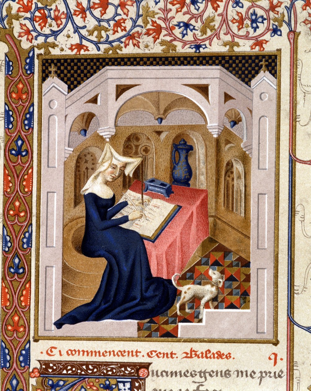 Retrato da escrita de Christine de Pisan (ou Pizan) - Miniatura de French School