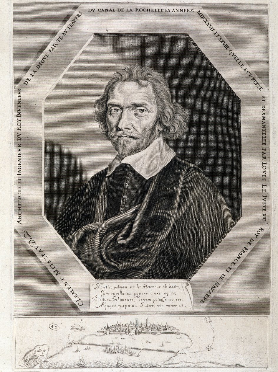 Retrato de Clement Metezeau, arquitecto e engenheiro do rei, inventor da barragem através do canal de la Rochelle, anos 1627-28 de French School