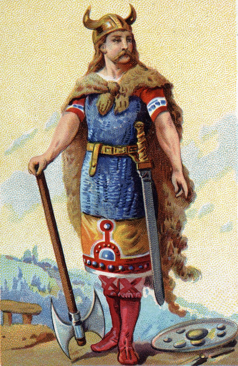 Retrato de Clodion, conhecido como Le Chevelu, rei dos Francos de 428a 448. Cromolitografia por volta de 1890. de French School