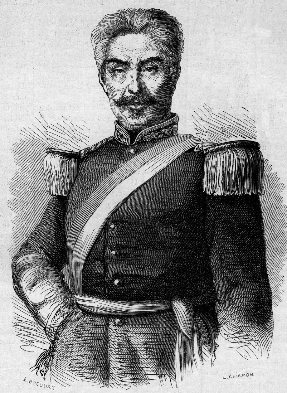 Retrato de Don Miguel San Roman (1803-1863), Presidente do Peru. Gravura em "Le Monde Illustré" n°320 de 30 de Maio de 1863. de French School
