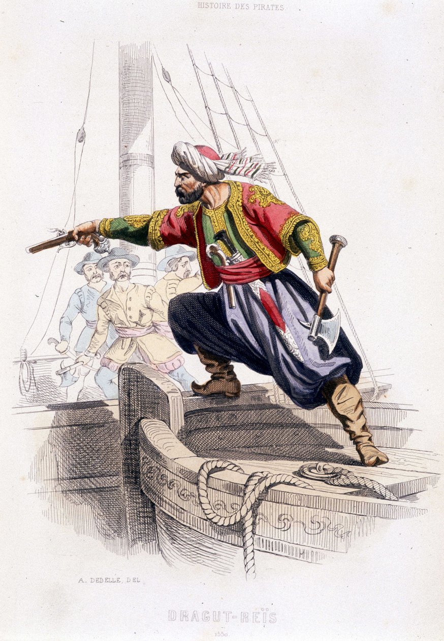 Retrato de Dragut - Reïs, pirata turco do século XVI - em "Histoire des pirages et corsaires de l