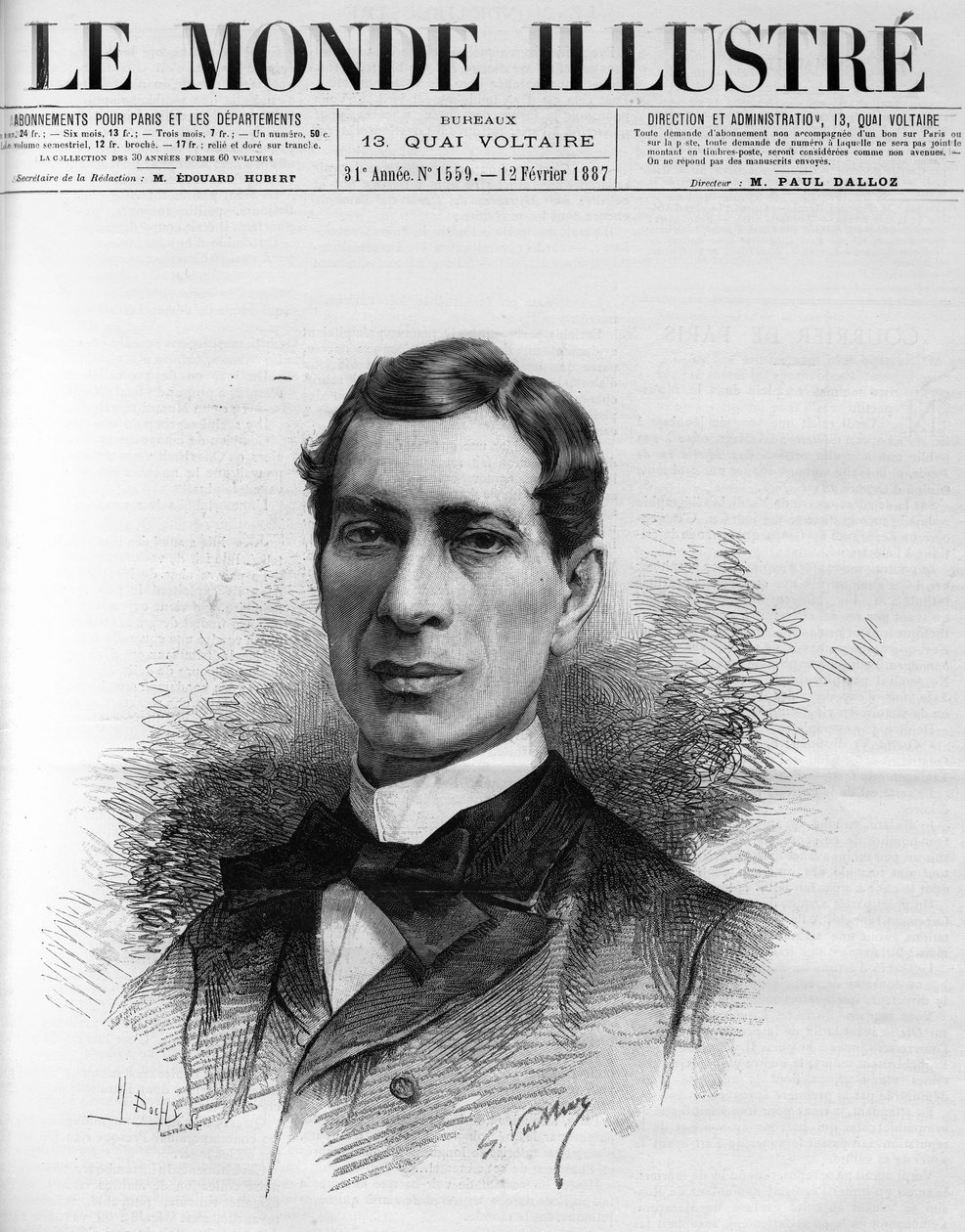 Retrato de "Edouard Herve (1835-1899), membro da academia francesa, eleito em 1886. Ele foi um ardente defensor da imprensa barata acessível a todos, em "O Mundo Ilustrado". de French School