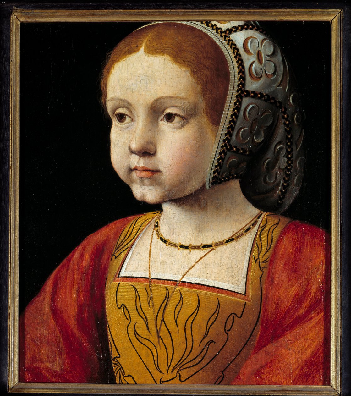 Retrato de Eleonore da criança Habsburg, rainha de Portugal e depois da França (1498-1558) Pintura da Escola Francesa. Sol do século XVI. 0,3x0,23 m versailles, museu do castelo. de French School