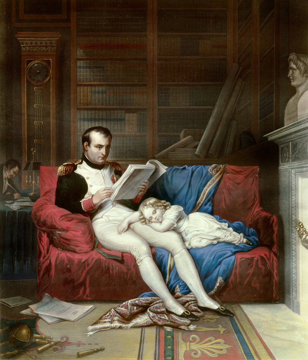 Retrato do Imperador Napoleão I (1769-1821) e de seu filho Rei de Roma Napoleão II, Duque de Reichstadt (1811-1832) dormiu no colo. Gravura do século XIX Malmaison, musee du chateau de French School