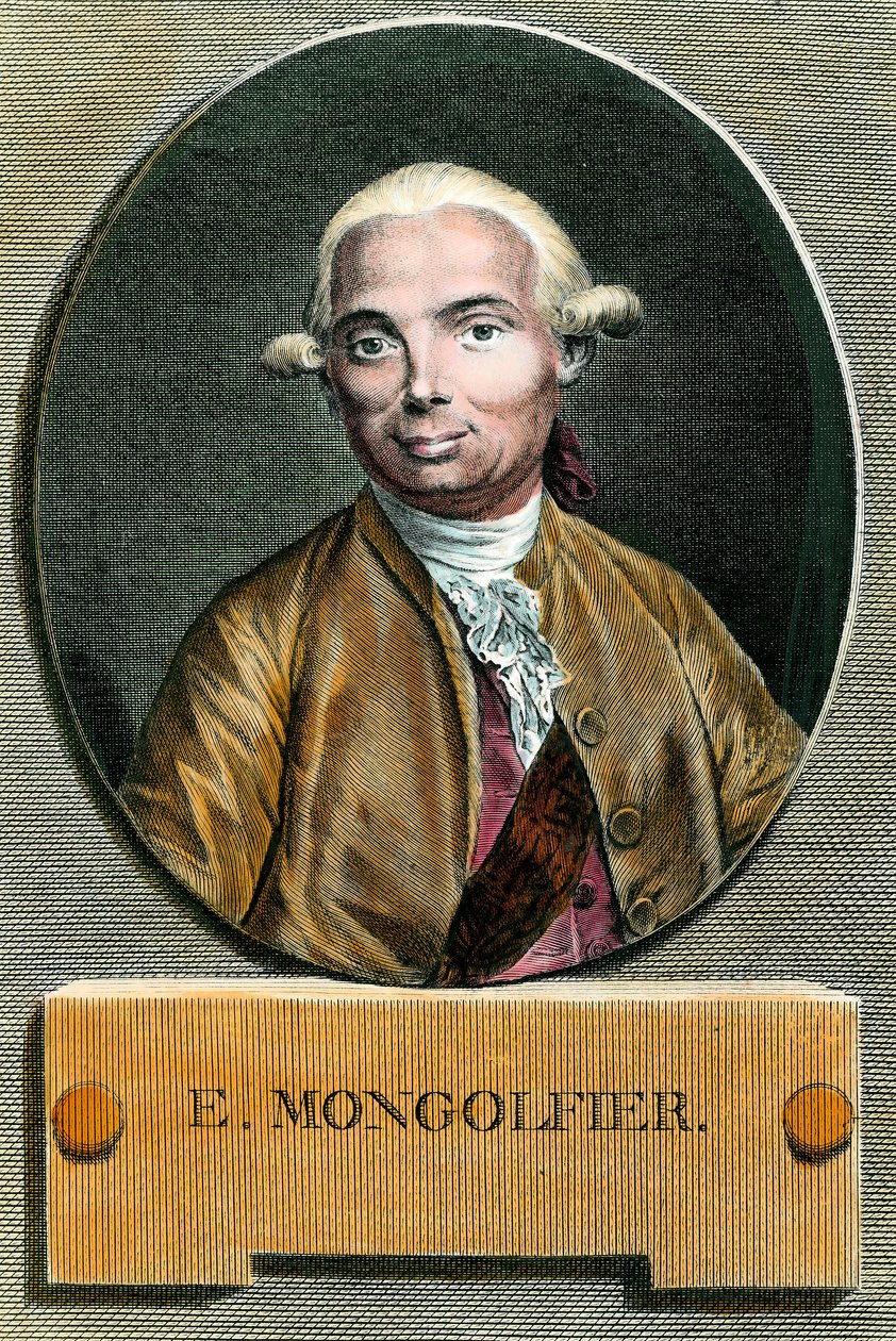 Retrato de Etienne de Montgolfier (1745 - 1799), inventor do balão de ar quente. Gravura do século XVIII. Colecção privada. de French School