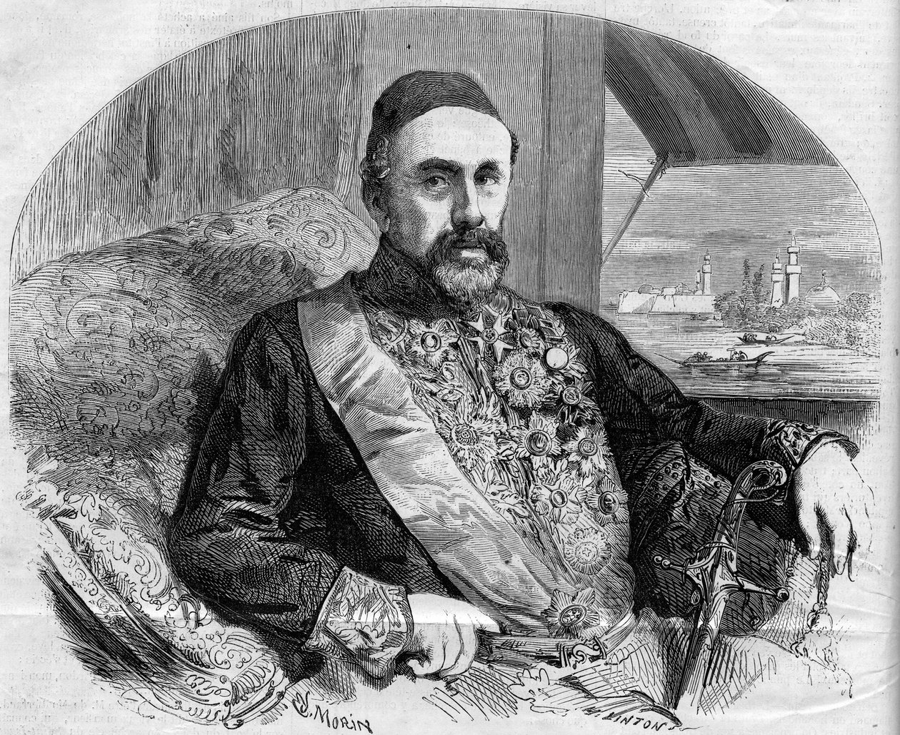 Retrato de Fouad (Fuad) Pasha (1815-1869), político turco e embaixador. Gravura de Morin em "O Mundo Ilustrado" n° 65 de 10 de julho de French School