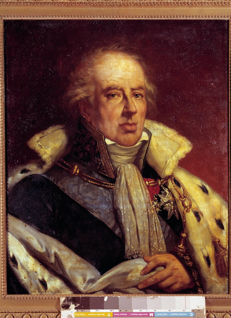 Retrato de François - Alexandre - Frederic, Duc de la Rochefoucauld Liancourt, economista (1747 - 1837) representado em traje de Par de France sob a Restauração (h s/t 0,72 X 0,57). Versailles. Musee du Chateau. de French School