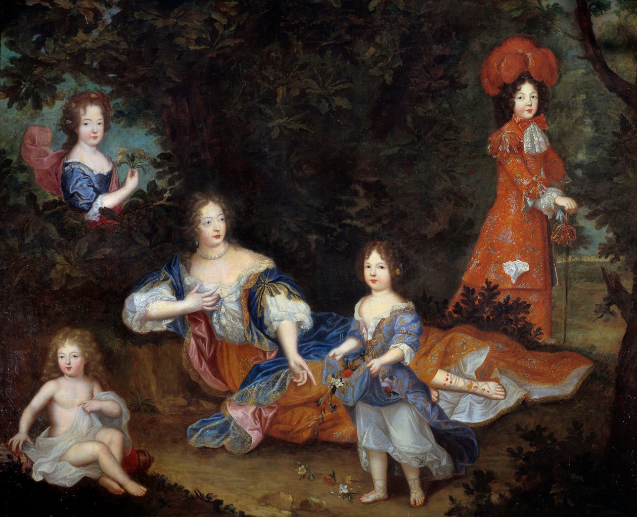 Retrato de Françoise Athenais (Françoise-Athenais) de Rochechouart Mortemart, Marquise de Montespan (ou Madame de Montespan) (1640-1707) e seus filhos o Duque do Maine, o Conde de Vexin, Miss de Tours e Miss de Nantes Pintura da Escola Francesa de French School