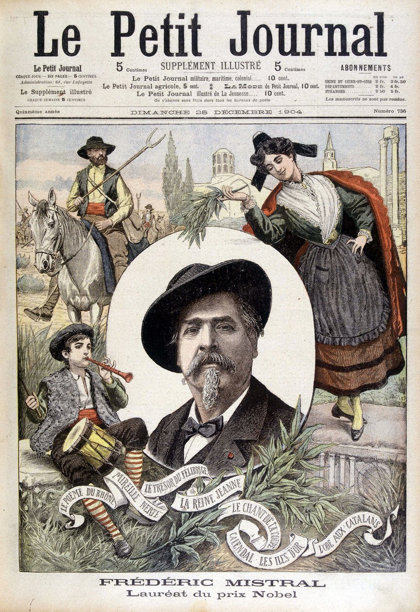 Retrato de Frédéric Mistral, rodeado de personagens provençais (gardian, fifre e Mireille) - em "Le Petit journal" de 28/12/1904 (gravura) de French School