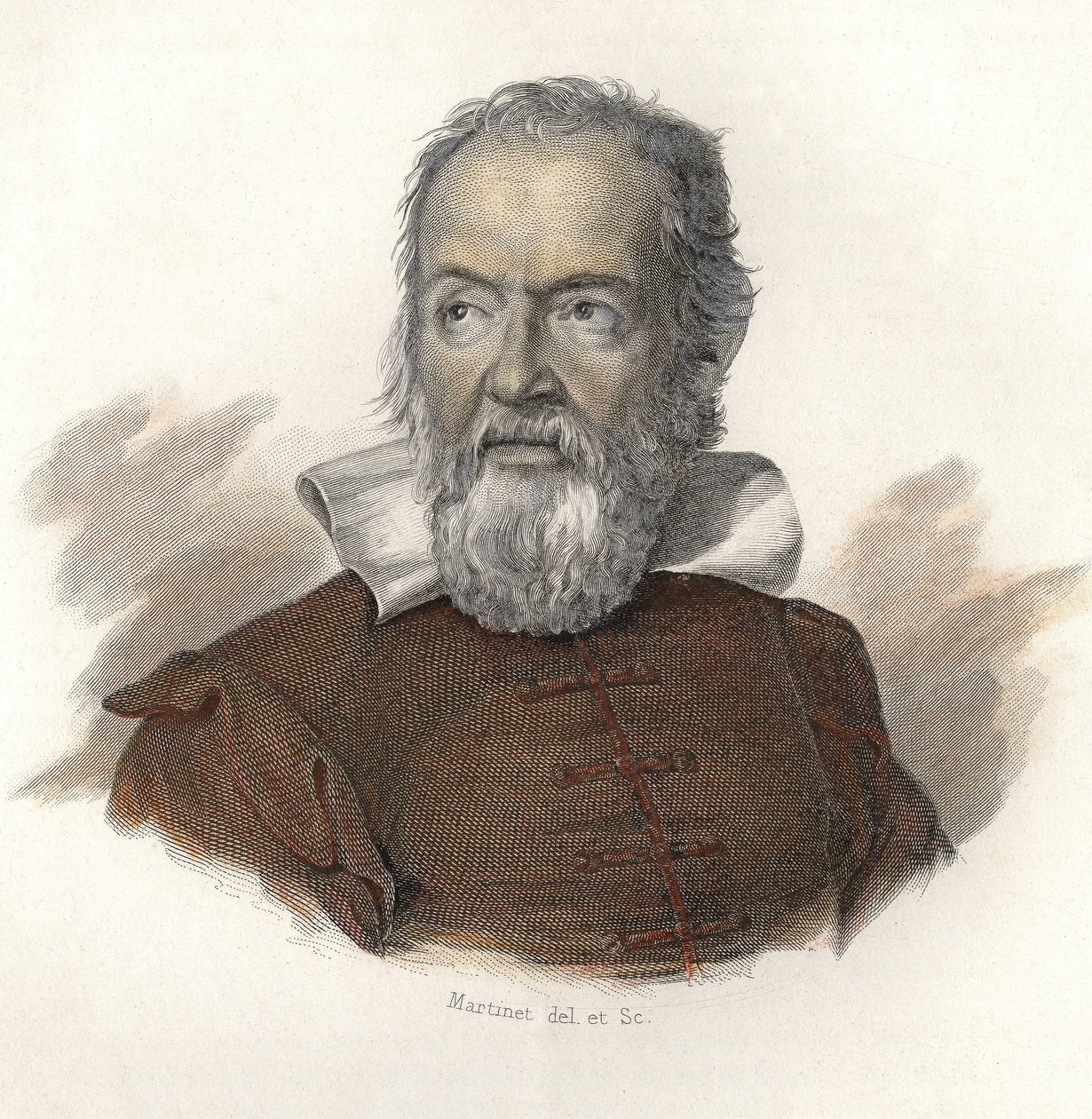 Retrato de Galileu Galilei da Galileia (1564-1642), físico, matemático e astrónomo italiano. in "Retratos de Homens Úteis" de French School