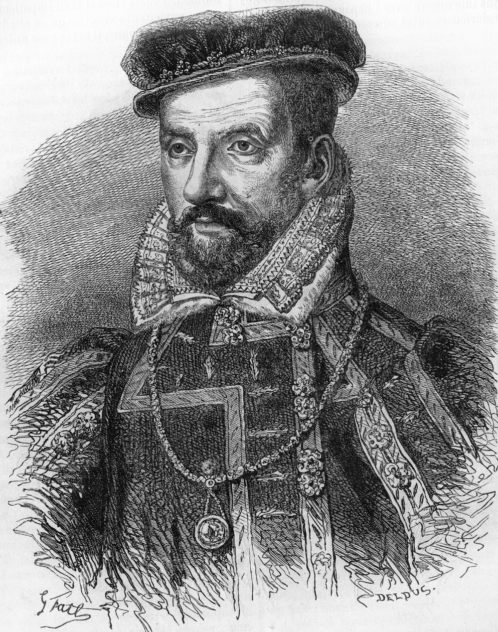 Retrato de Gaspard de Coligny, conhecido como o Almirante de Coligny (1519-1572). Em "Histoire Populaire de la France", sd. circa 1885. Gravura. de French School