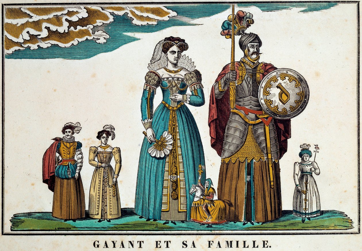Retrato de Gayant, um gigante que simboliza a cidade de Douai, retrata com sua família: sua esposa, Marie Cagenon, e seus três filhos, Jacquot, Fillon e Binbin. Gravura do século XVIII, imagem de Belfort. Coleção Ferrand de French School