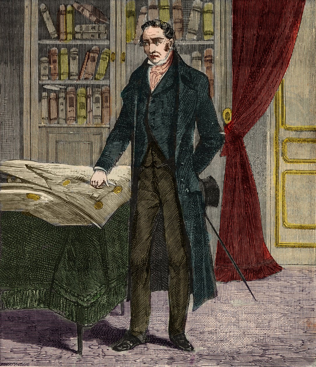 Retrato de George Stephenson (1781-1848), engenheiro britânico e pioneiro das locomotivas ferroviárias - Gravura em "Ciências ao alcance de todos - Física e química popular" de Alexis Clerc - Fim do século XIX - Colecção privada de French School