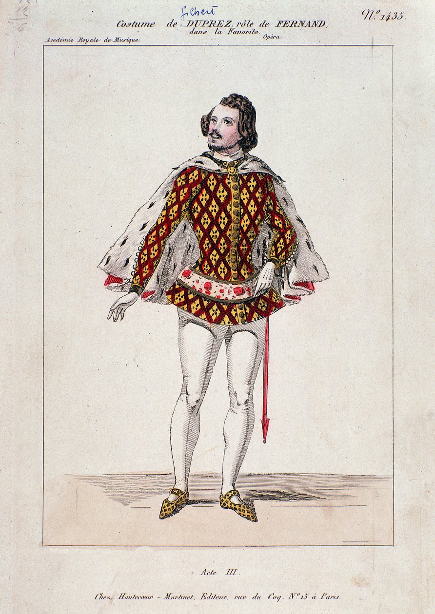 Retrato de Gilbert Duprez, tenor e compositor francês em "La Favorite" de Gaetano Donizetti (gravura colorida) de French School