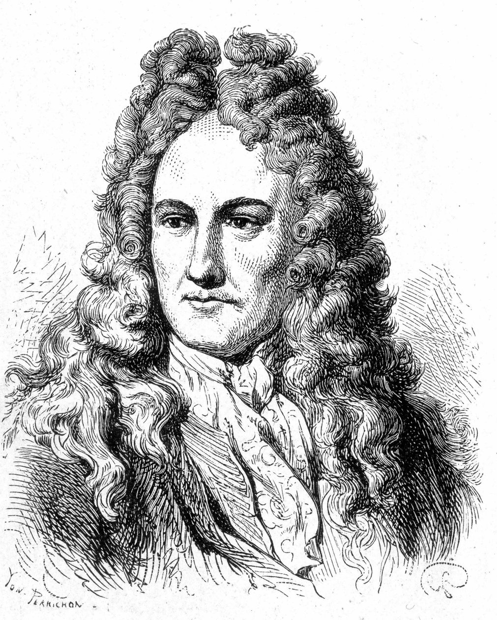 Retrato de Gottfried Wilhelm von Leibniz (1646 - 1716), filósofo e estudioso alemão - em "Album of Science; Ilustres estudiosos; Grandes descobertas" 1896. de French School