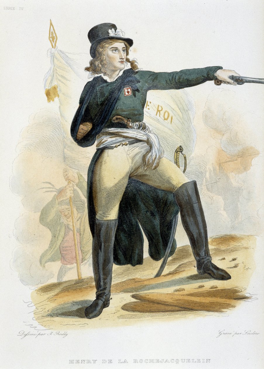 Retrato de Henri du Vergier, conde de La Rochejaquelein (ou Orchard de La Rochejacquelein) (1772-1794) com a bandeira "live le roi" (no peito a insígnia dos Vendeens) - in "Le Plutarque Français" de Mennechet, volume 8 1841 de French School