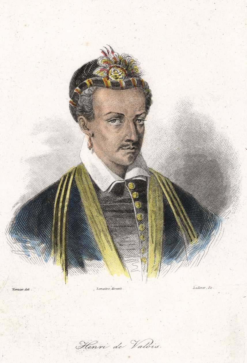 Retrato de Henrique III (1551 - 1589), Rei da França. (com um brinco). Gravura do século XIX. de French School