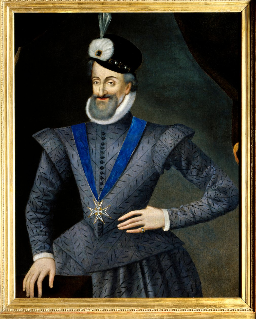 Retrato de Henrique IV (1553-1610) Rei de França. Ele tem o colar da insígnia da Ordem do Espírito Santo (Ordem do Espírito Santo). Pintura francesa anônima do século XVII. Óleo sobre tela. Dim: 0,95x1,13m. Menção obrigatória: Sully sur Loi de French School