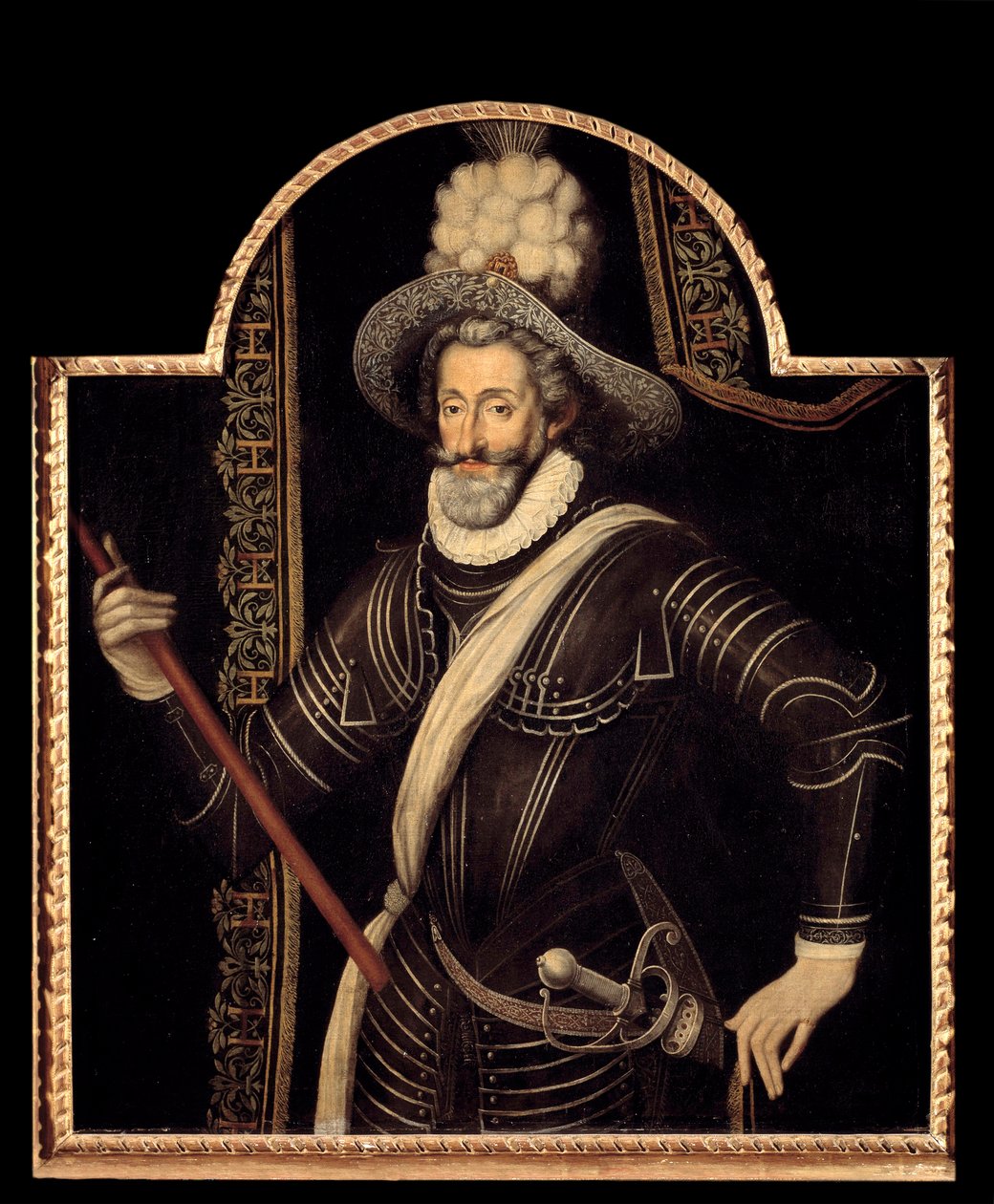 Retrato de Henrique IV em cuirasse e pluma branca, Rei de França e Navarra (1553-1610) Pintura anónima da Escola Francesa do século XVI. Dim. 1,15x0,99 m. de French School