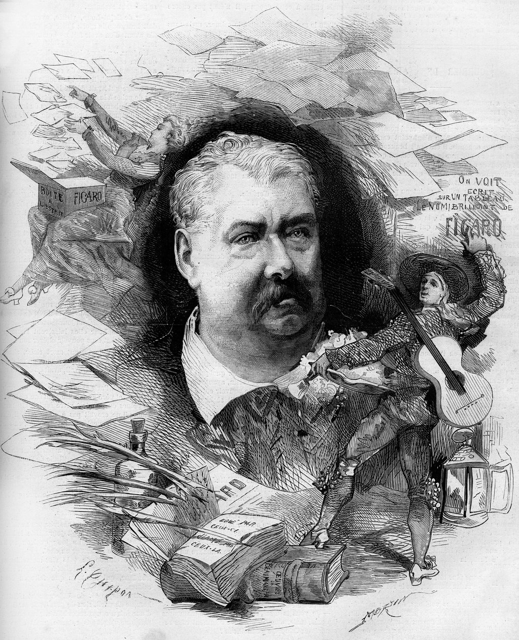 Retrato de Hippolyte de Villemessant (1810-1879), jornalista francês, fundador do "Figaro". Gravura em "Le Monde Illustré" n°1151 de 19 de Abril de 1879. de French School