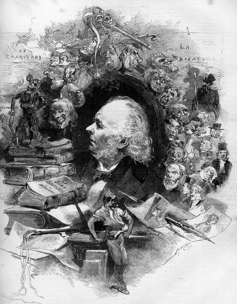 Retrato de Honore Daumier (1808-1879), caricaturista, pintor e caricaturista francês. Gravura em "Le Monde Illustré" n°1143 de 22 de fevereiro de French School