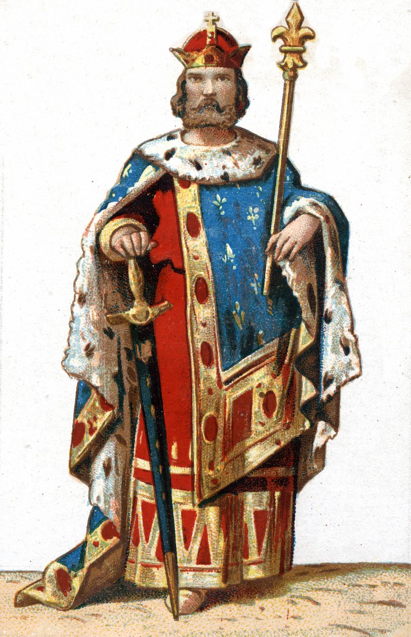 Retrato de Hugues I Capet (v. 941 - 996), Duque de França e depois Rei de França. Cromolitografia do final do século XIX. de French School