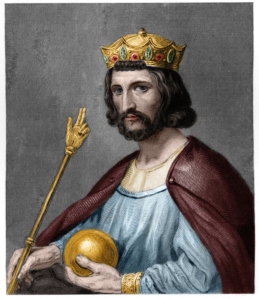 Retrato de Hugues I Capet (v. 941 - 996), Duque de França e depois Rei de França - em "Histoire des Francais" de Lavallée, gravura, sd. de French School