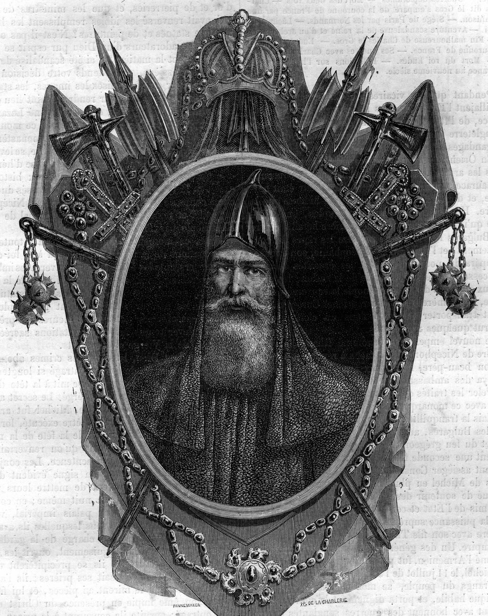 Retrato de Igor Duque dos Russos, príncipe varegue, soberano dos "Rus" de Kiev de 912 a 945. Gravura em "Histoire des Papes-Rois-Queen and Empereurs a travessa les centuries" de Maurice Lachatre de French School