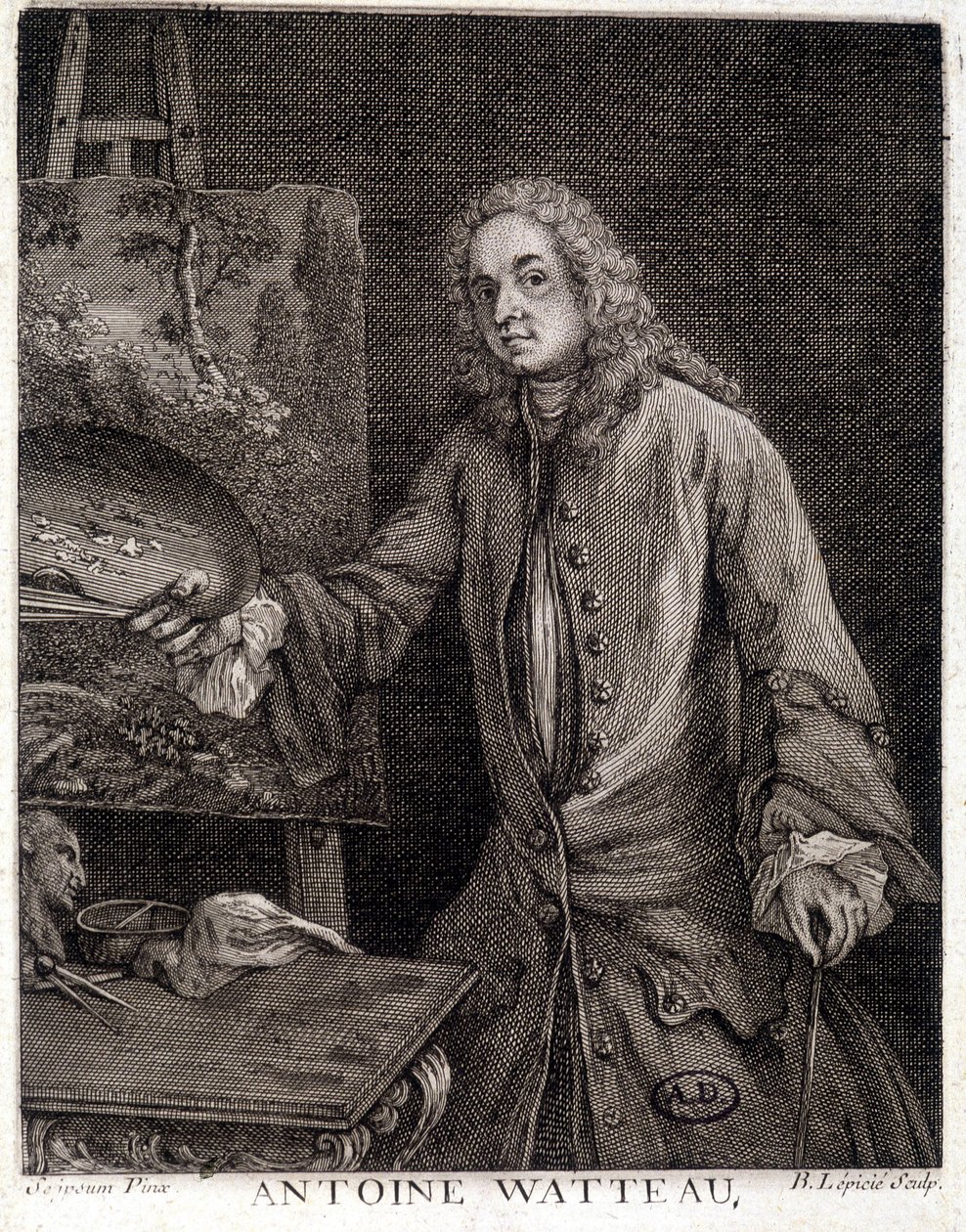 Retrato de Jean Antoine Watteau (1684-1721), pintor francês - gravura de French School