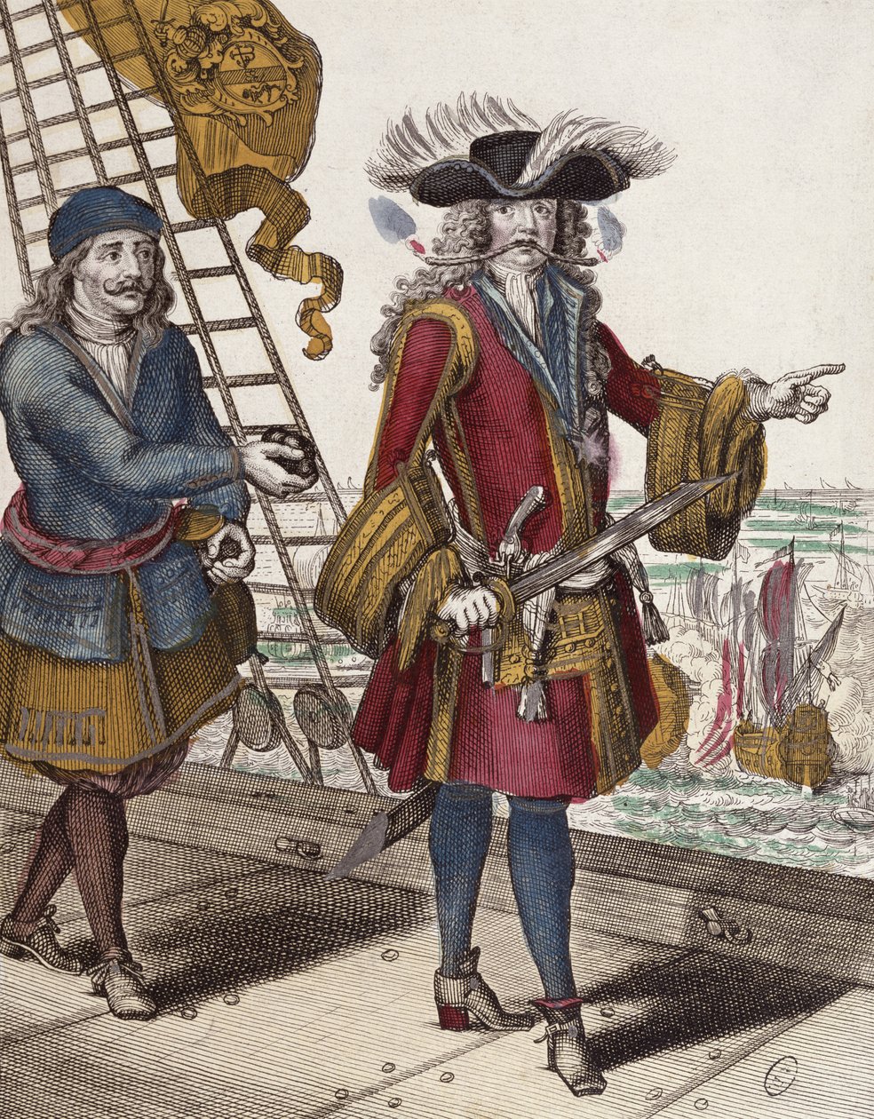 Retrato de Jean Bart (1650-1702) segurando um fusível queimando na boca durante um encontro naval (gravura colorida) de French School