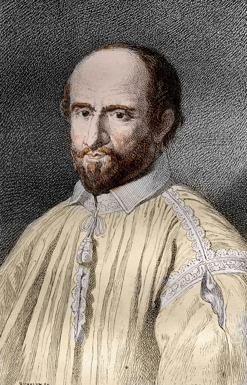 Retrato de Jean Duvergier de Hauranne (1581-1643), Abbe de Saint-Cyran, religioso e teólogo francês Jansenist (Jean du Vergier de Hauranne, Abbe de Saint Cyran (1581-1643) monge francês que introduziu o Jansenismo em França) Gravura de "Les mysteres de French School