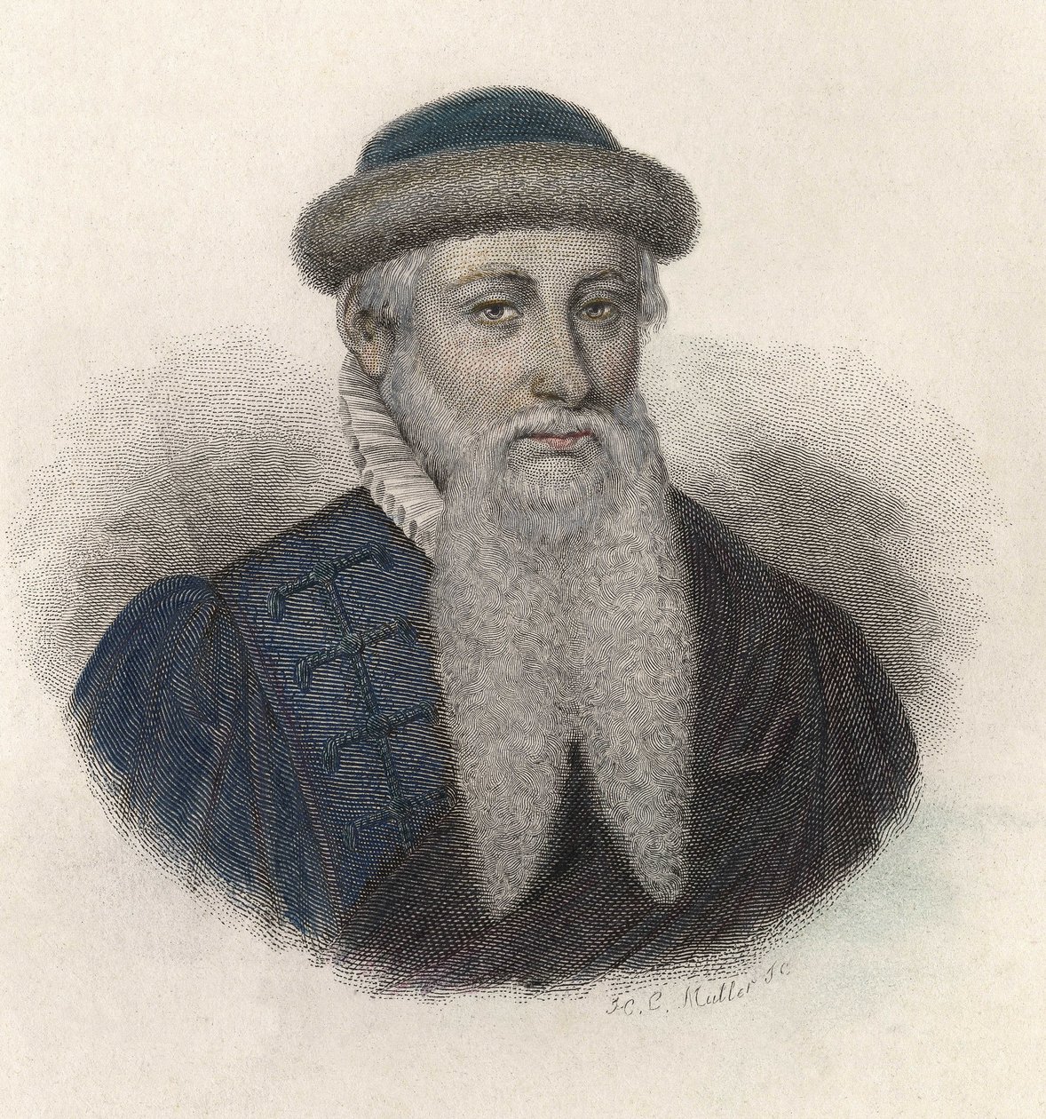 Retrato de Johannes Gensfleisch dit Gutenberg (1394/99-1468), impressor alemão. Em "Portraits of Useful Men" (Retratos de Homens Úteis) de French School