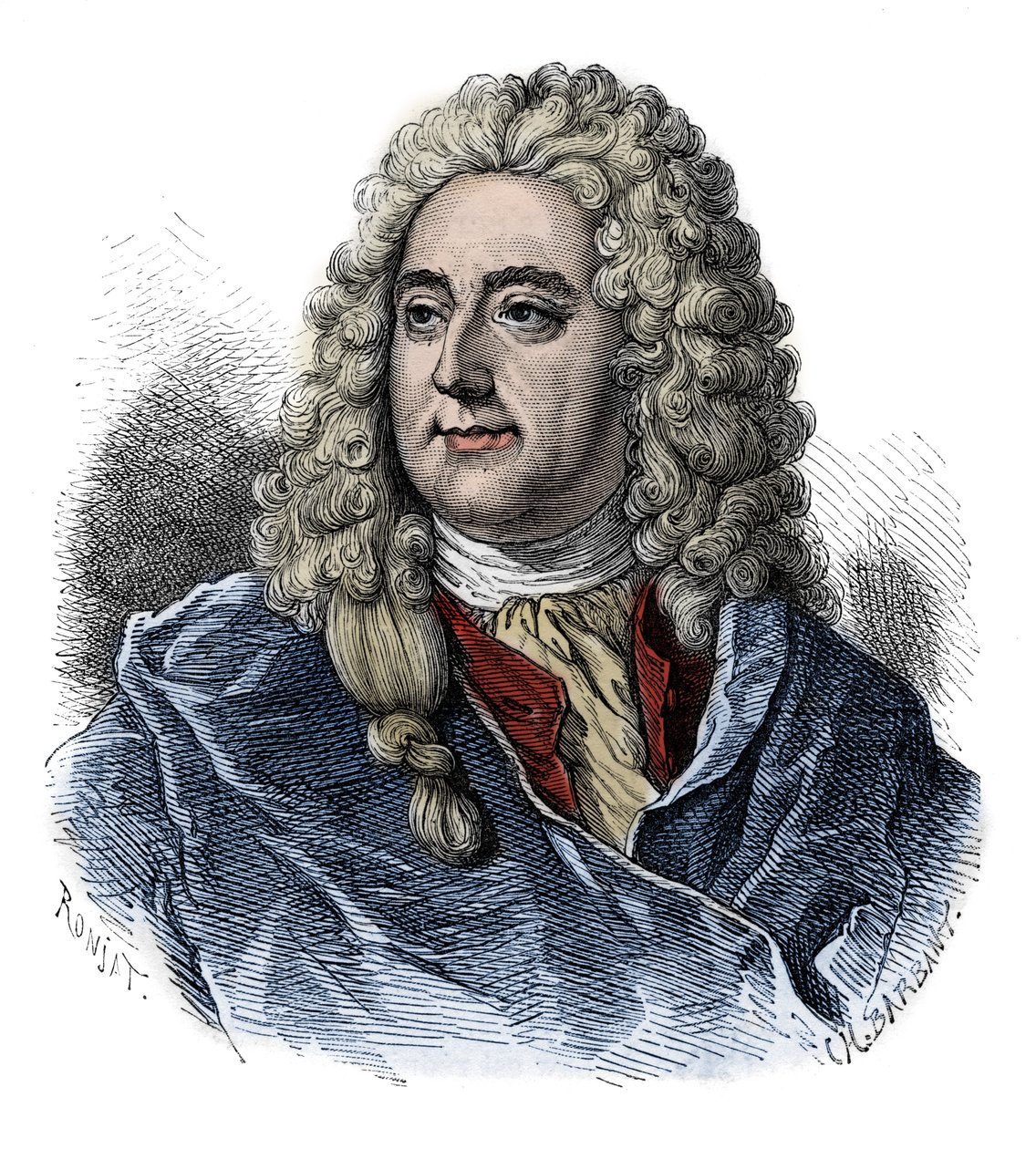 Retrato de John Law (1671 - 1729) Financial Controller, Scottish Financial responsável pela falência (Evento da Rue Quincampoix) - gravura de "L