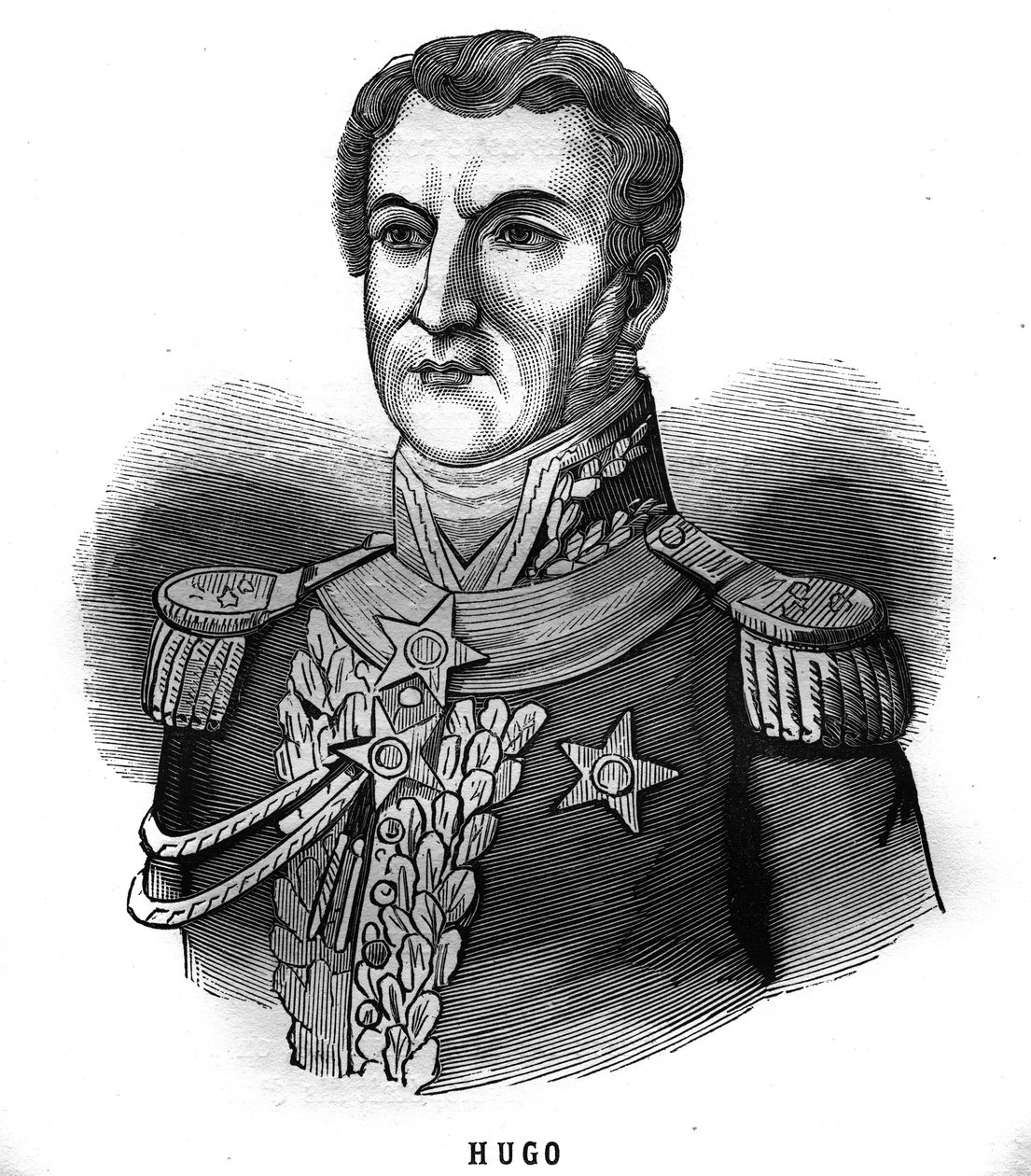 Retrato de Joseph Leopolde Sigisbert Hugo (1773-1828), General do Primeiro Império, pai de Victor Hugo. Gravura em "Les Illustrations De L