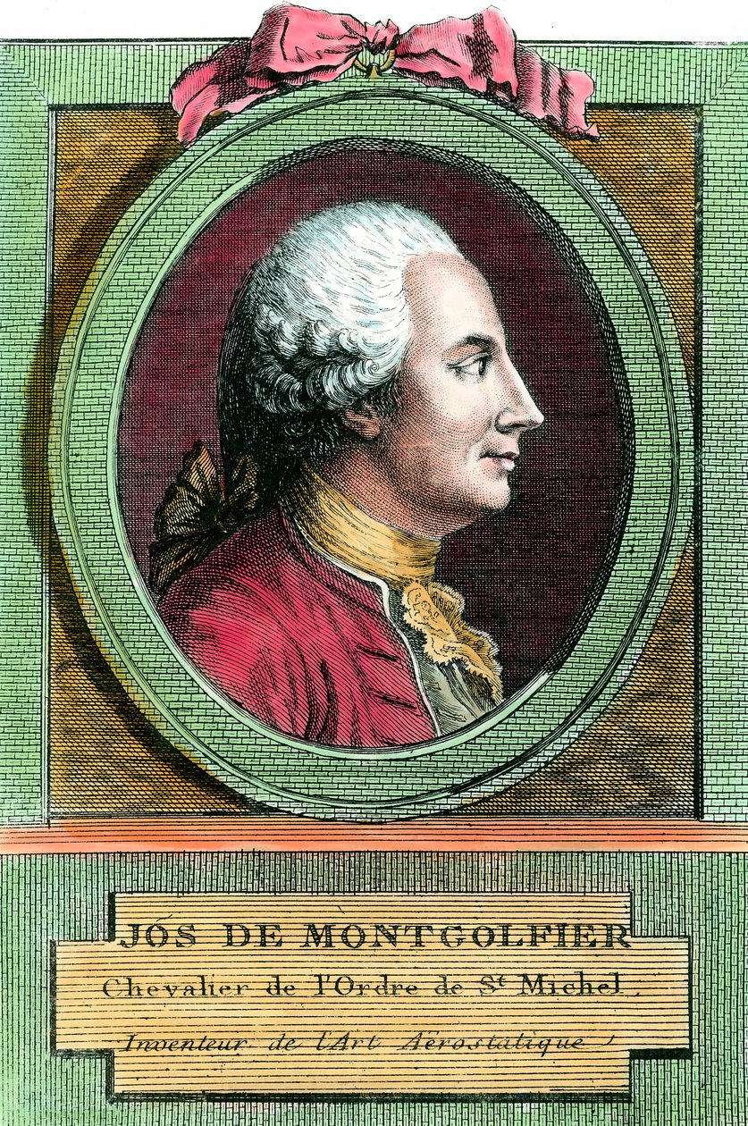 Retrato de Joseph de Montgolfier (1740 - 1810) inventor do balão de ar quente. Gravura do século XVIII. Colecção privada. de French School
