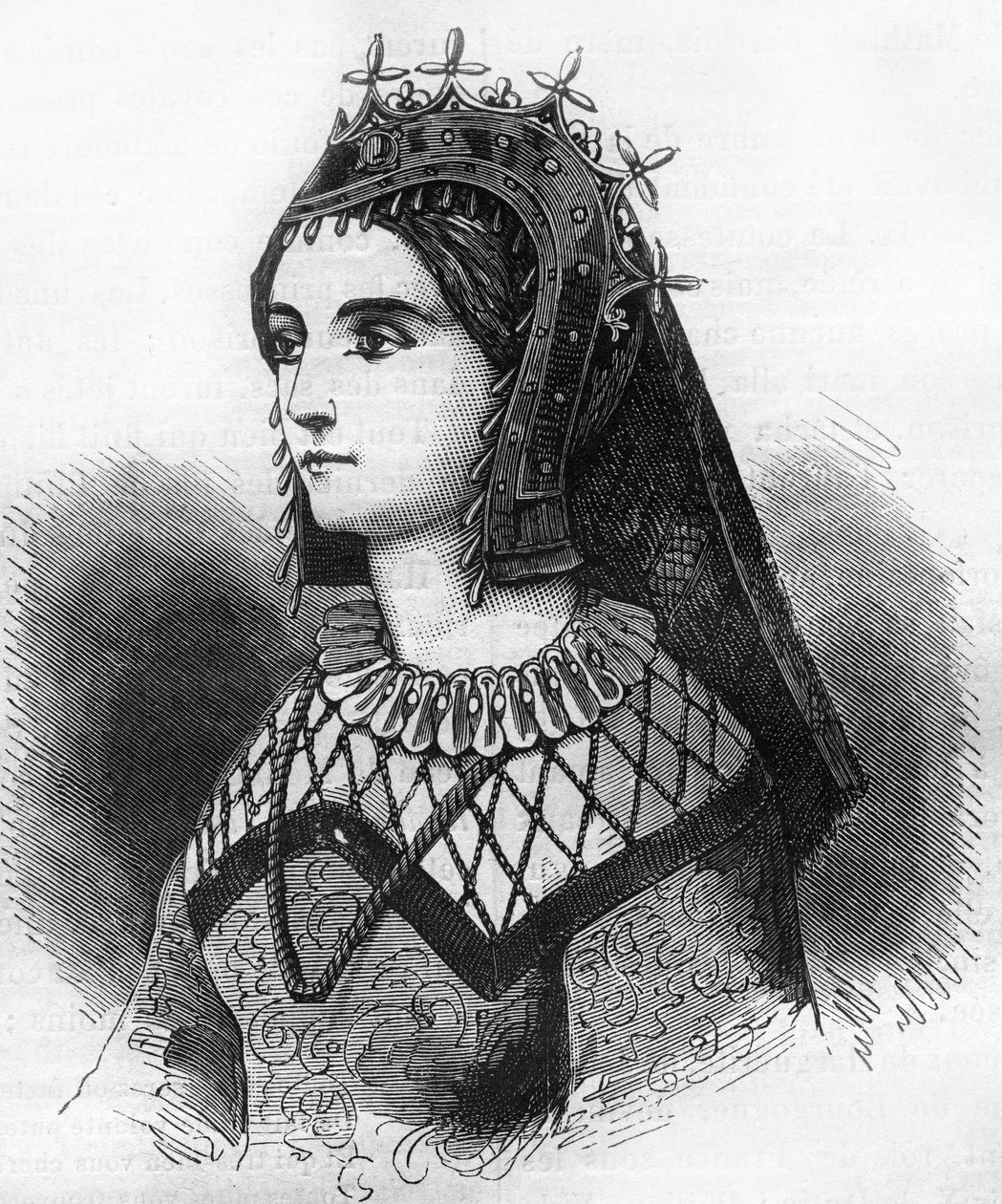 Retrato de Judite de França (843-870), Rainha de Wessex e depois Condessa de Flandres. Gravação em "Histoire de la prostitution et de la debauche dans les peuples du globe depuis l