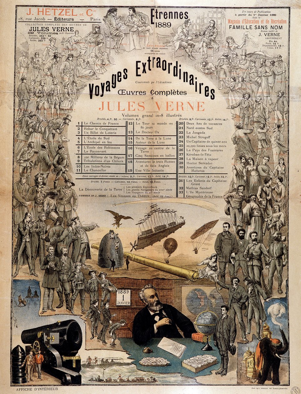 Retrato de Júlio Verne e cenas das suas obras - Cartaz publicitário das suas obras completas de French School