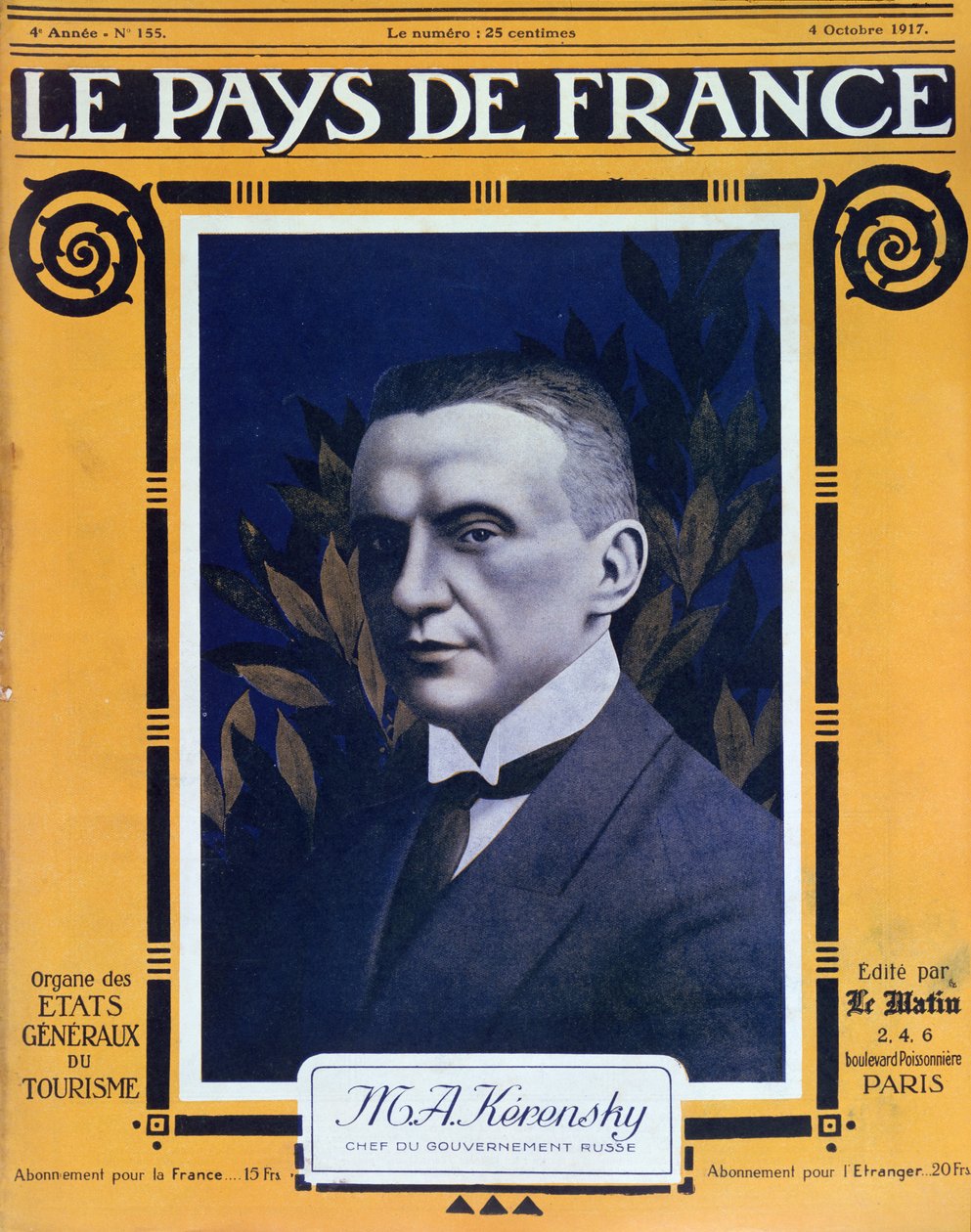 Retrato de Kerensky, capa da revista francesa Le Pays de France, 4 de outubro de 1917 de French School