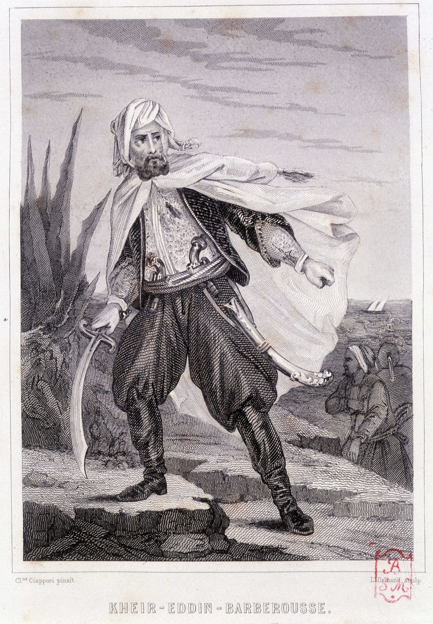 Retrato de Kheir - Eddin - Barbarossa, pirata turco do século XVI - em "Histoire des pirates et corsaires de l