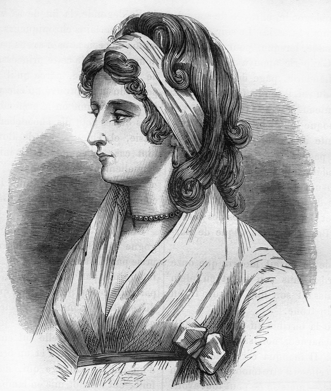 Retrato de Lady Hamilton (Emma Lyons) (1765-1815) mestra de Horatio Nelson dit Almirante Nelson (1758-1805). Gravação em "A história da prostituição e do deboche entre todos os povos do mundo desde a antiguidade até os dias de hoje" pelo Dr. Th. -F. Debray de French School
