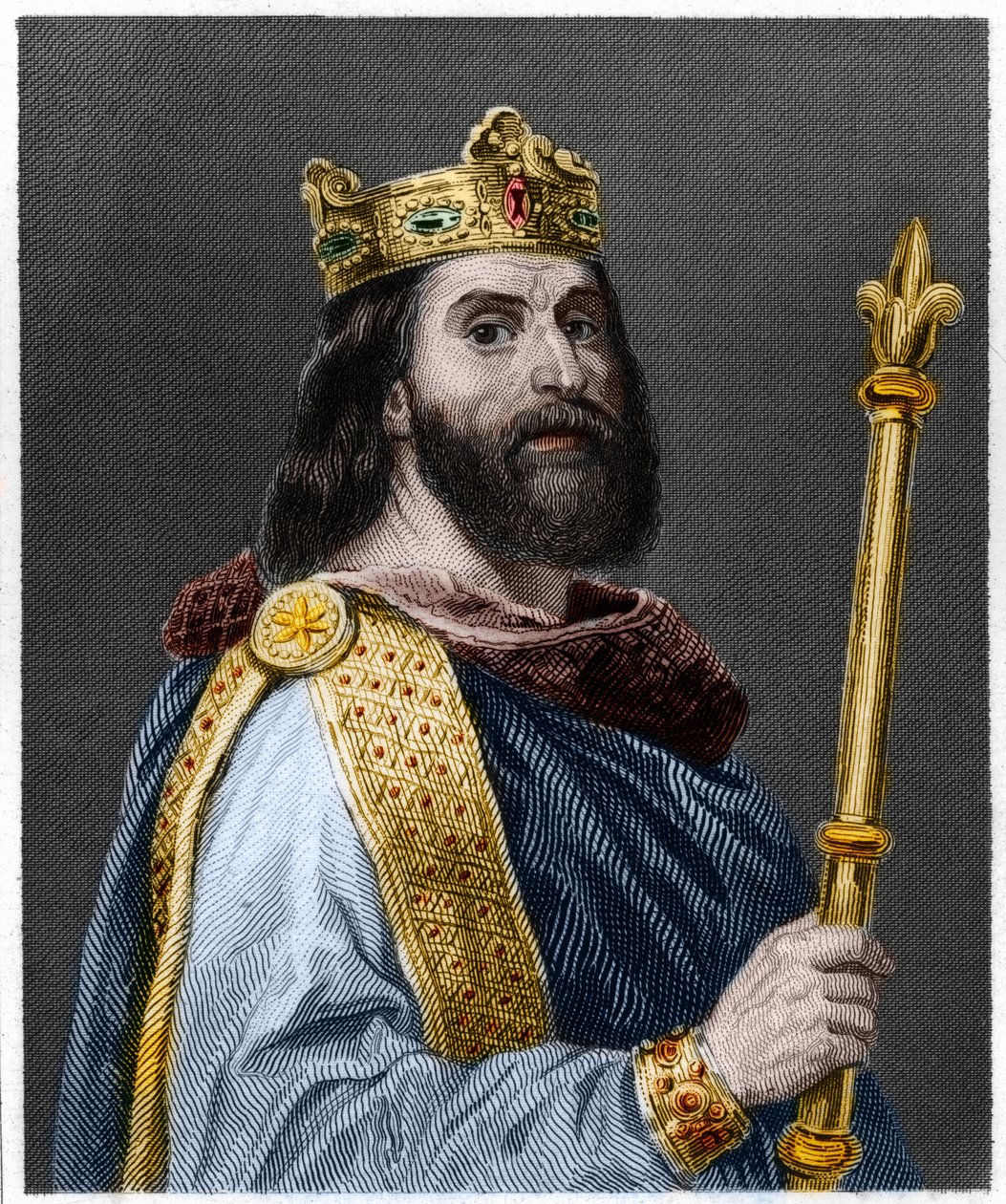 Retrato de Luís II o Begue ou o Faineant (846 - 879), Rei de França - em "Histoire des Francais" de Lavallee, gravura, sd. de French School