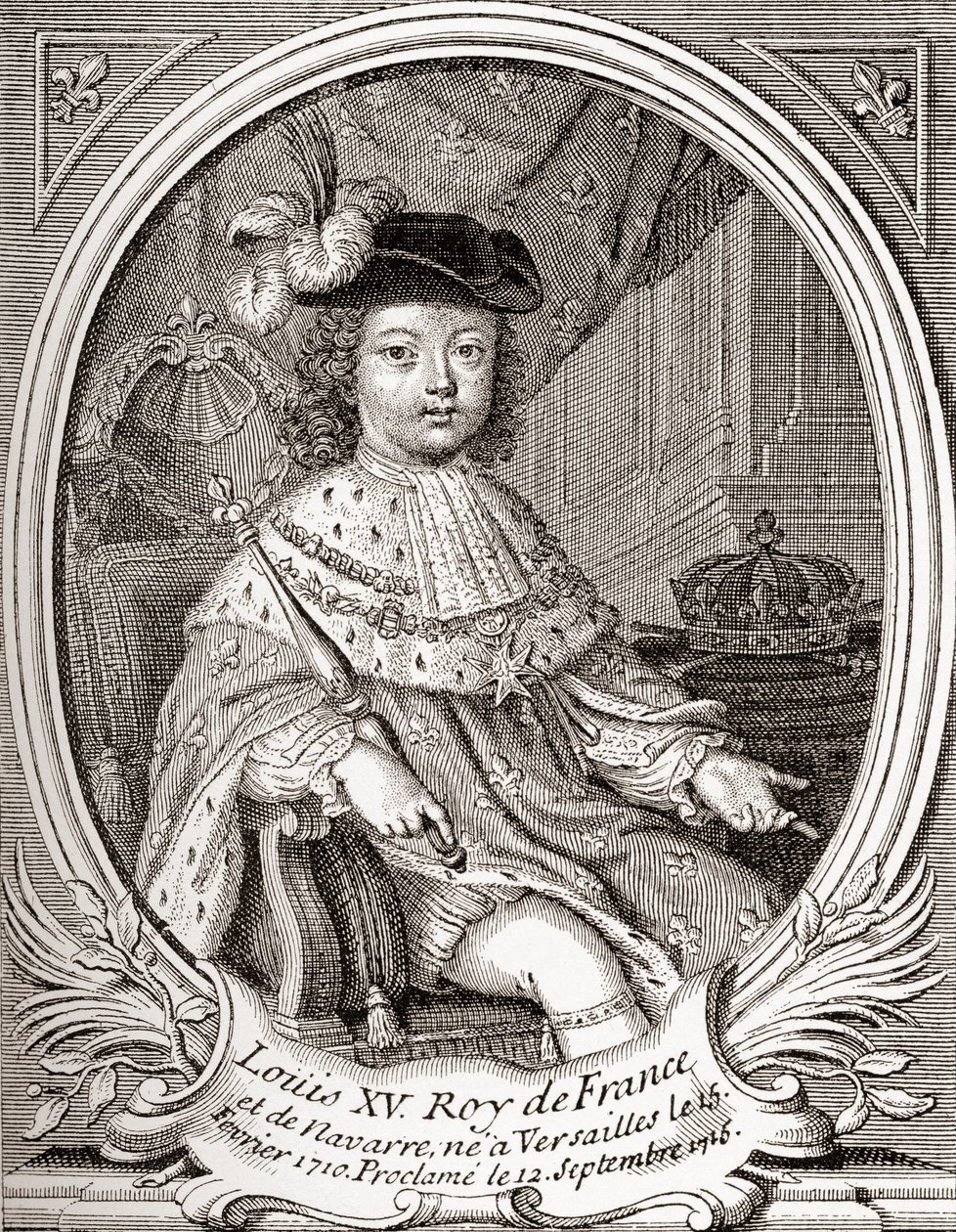 Retrato de Luís XV quando criança, 1710 1774. Monarca Bourbon que governou como rei da França e Navarra. De Les Heures Libres publicado em 1908. de French School