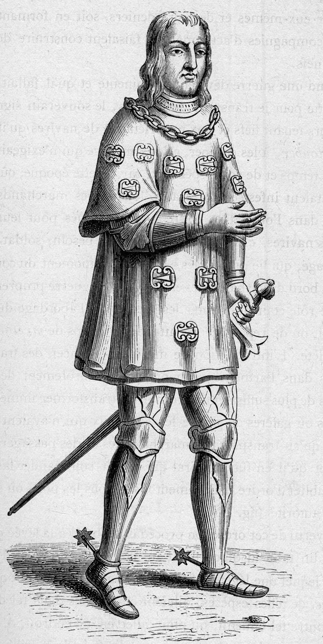 Retrato de Louis de Malet, senhor de Graville (ca. 1441-ca. 1519), almirante da França em 1487, em traje de guerra e torneio. Gravura em "La Marine et les colonies: commerce" (A Marinha e as colônias: comércio) de French School