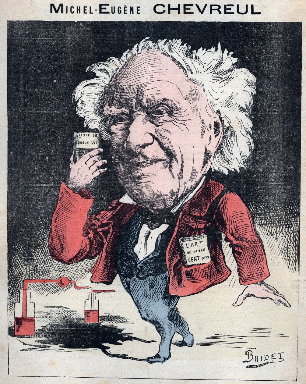 Retrato de Michel Eugene (Michel-Eugene) Chevreul (1786-1889), químico francês - Caricatura de Bridet em "Les Hommes d