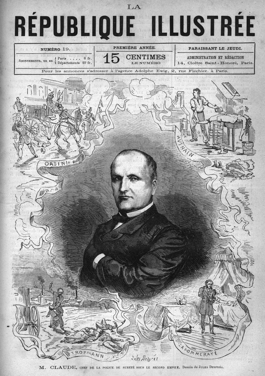 Retrato de Monsieur Claude (Antoine François Claude dit) (1807-1880), polícia e escritor francês, chefe da polícia de segurança sob o Segundo Império. Um jornal. Gravura de 1880 em "La republique illustree" coleção privada. de French School