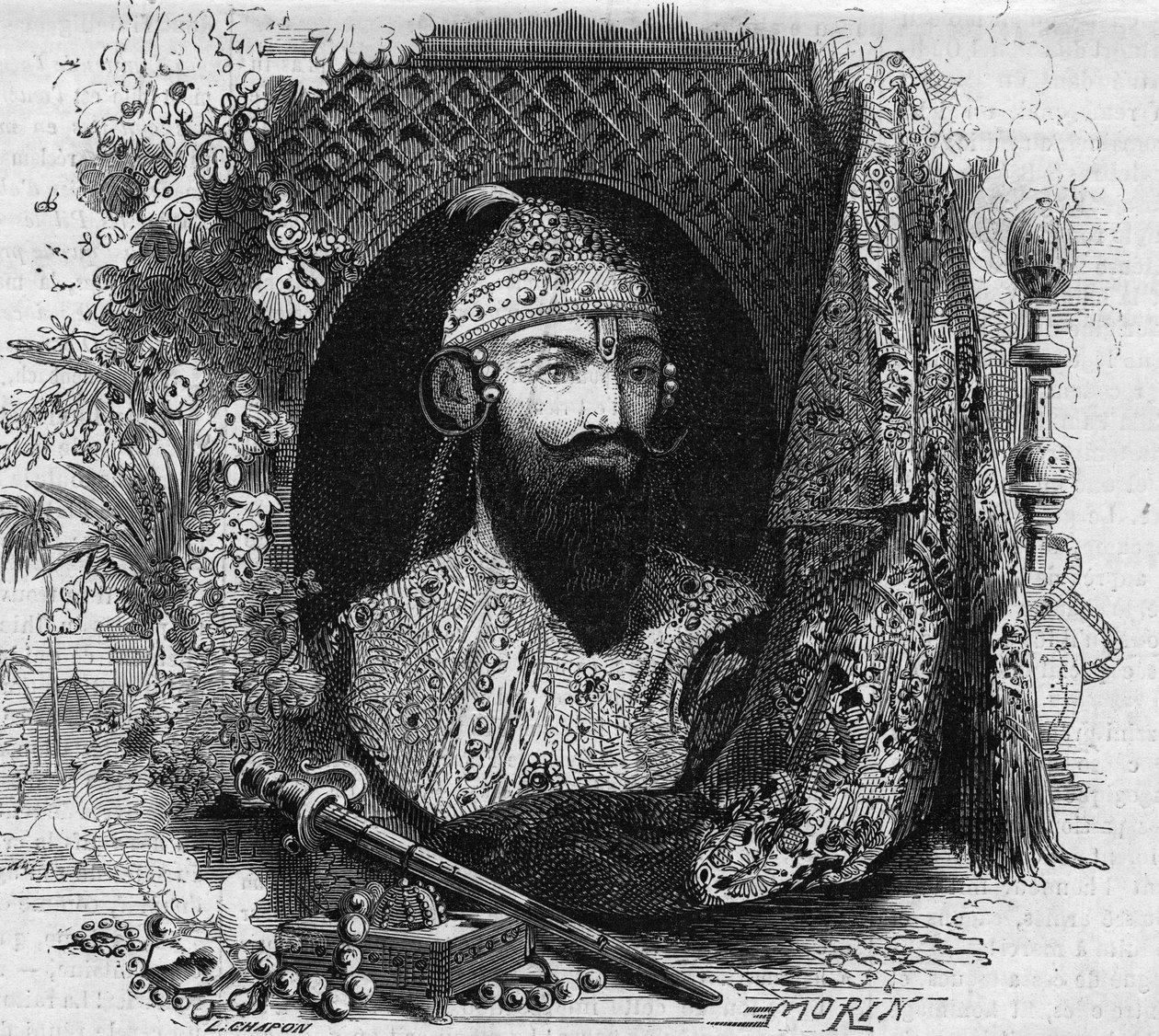 Retrato de Nana Saheb (Nana Sahib) (pelo seu verdadeiro nome Dhundu Pant) (ca. 1820-?) , cabeça da revolta anti-colonial dos Cipayas na Índia. Gravura em "Le Monde Illustré" n°331 de 15 de Agosto de 1863. de French School