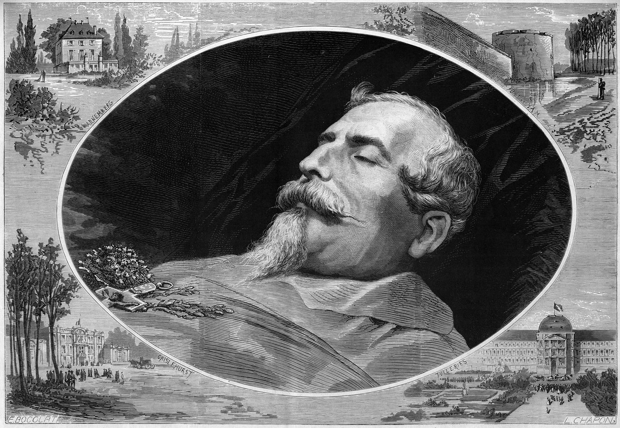 Retrato de Napoleão III (1808-1873), no seu leito de morte. Gravura em "Le Monde Illustré" n°824 de 25 de janeiro de French School