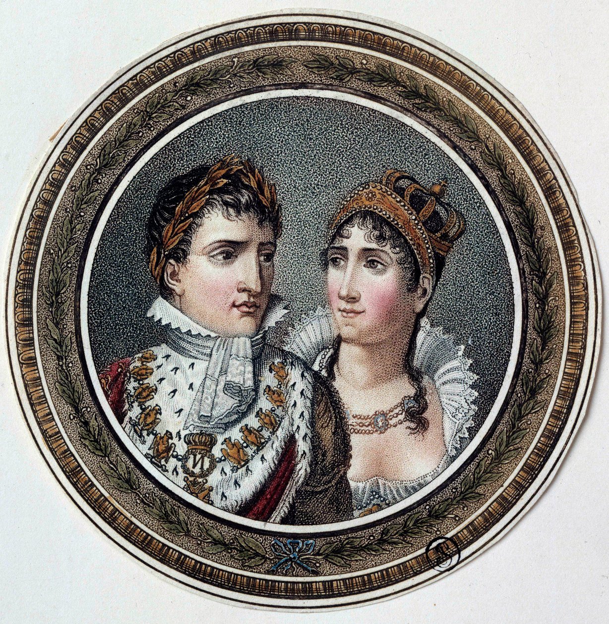 Retrato de Napoleão I (1769-1821) e Josefina de Beauharnais (1763-1814) Pintura sobre tampa de bombom. Século XIX de French School
