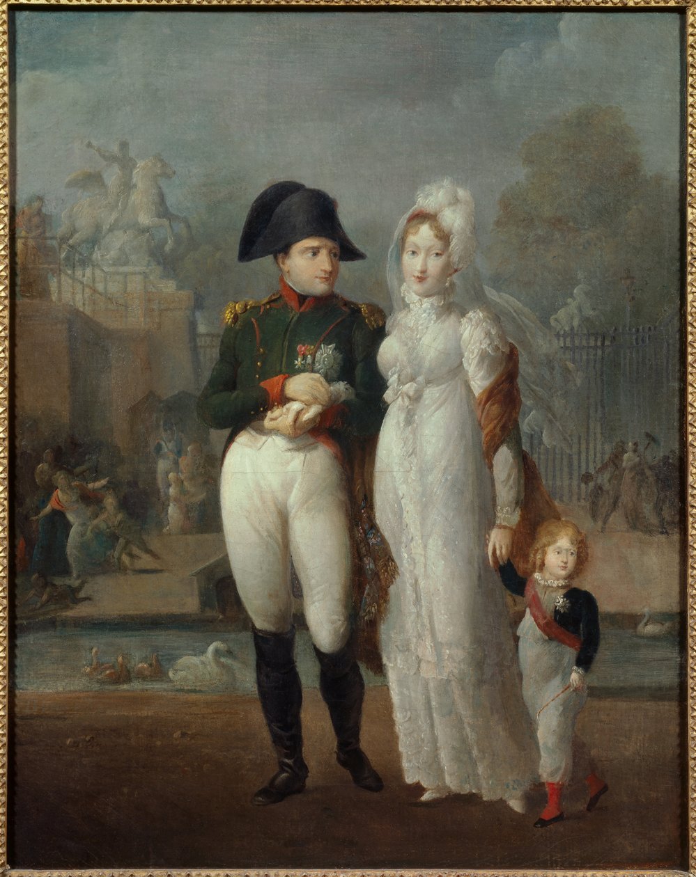 Retrato de Napoleão I (1769-1821) e Maria Luísa com seu filho, Rei de Roma Napoleão II, Duque de Reichstadt no quadro Tuileries Gardens Anônimo. Século XIX Colecção privada - Retrato de Napoleão I (1769-1821) e de Maria Luísa com o seu de French School